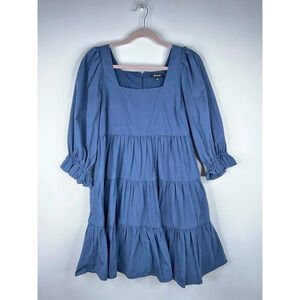 Madewell Poplin Lizzie Babydoll Dress Navy Blue Square Neck Tiered Dress Size 6